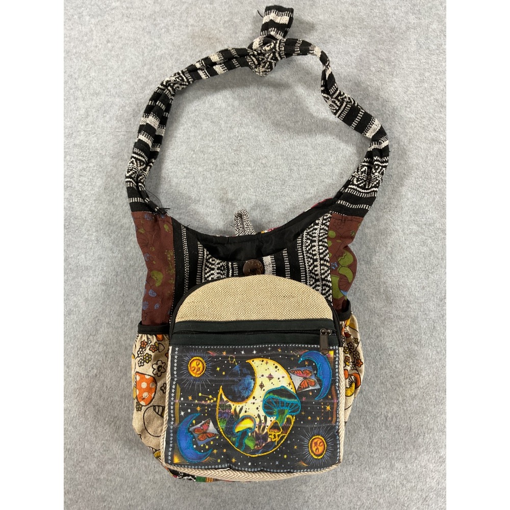 Rising International Patchwork Crossbody Bag Mushroom Moon Boho Cotton Nepal